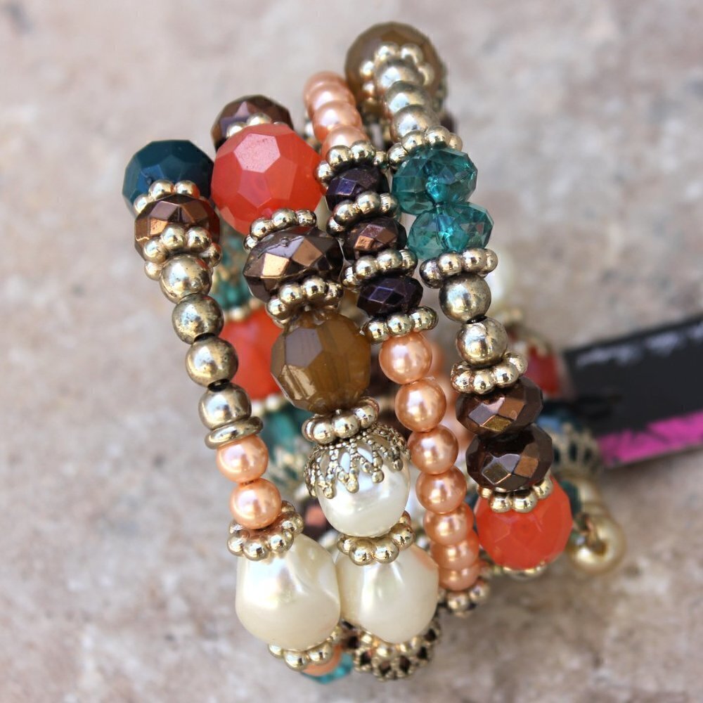 Womens Beaded Ornate Intricate Crystal Chunky TEAL Adjustable Coil Bracelet